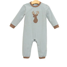 Load image into Gallery viewer, Wrap your little one in cozy charm with the Deer Romper by Trotter Street Kids. Its soft green and white stripes, paired with adorable deer appliqués, bring autumn magic to chilly days. Perfect for keeping your infant warm and stylish as they explore the season!
