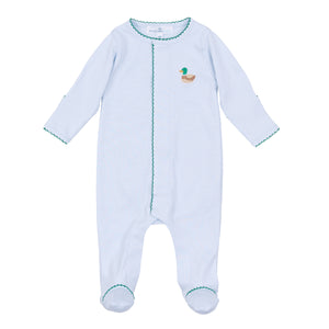 Soft and breathable, this light blue Pima cotton footie keeps your baby cozy while showcasing an adorable embroidered mini mallard. Ideal for little bird lovers, it combines comfort with charming detail, making it a perfect choice for everyday wear. Also available in pink.