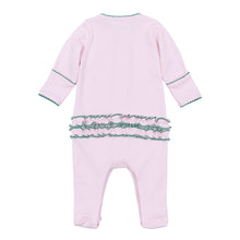 Load image into Gallery viewer, Soft and breathable, this light blue Pima cotton footie keeps your baby cozy while showcasing an adorable embroidered mini mallard. Ideal for little bird lovers, it combines comfort with charming back ruffle detail, making it a perfect choice for everyday wear. Also available in blue.
