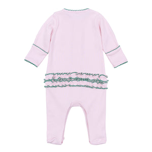 Soft and breathable, this light blue Pima cotton footie keeps your baby cozy while showcasing an adorable embroidered mini mallard. Ideal for little bird lovers, it combines comfort with charming back ruffle detail, making it a perfect choice for everyday wear. Also available in blue.