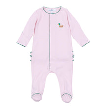 Load image into Gallery viewer, Soft and breathable, this light blue Pima cotton footie keeps your baby cozy while showcasing an adorable embroidered mini mallard. Ideal for little bird lovers, it combines comfort with charming back ruffle detail, making it a perfect choice for everyday wear. Also available in blue.
