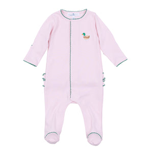 Soft and breathable, this light blue Pima cotton footie keeps your baby cozy while showcasing an adorable embroidered mini mallard. Ideal for little bird lovers, it combines comfort with charming back ruffle detail, making it a perfect choice for everyday wear. Also available in blue.
