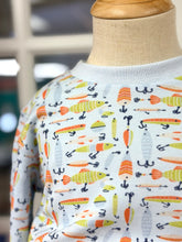 Load image into Gallery viewer, Fuel your little angler’s autumn adventures with the Hooked on You Pant Set by Cape Point Clothing Co.! The playful fishing print tee sparks imagination, while the cozy navy pants keep him comfy and ready for every outdoor exploration!
