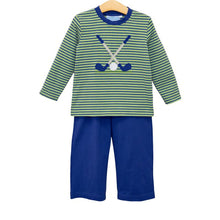 Load image into Gallery viewer, Trotter Street Kids’ Golf Appliqué Pant Set brings autumn playtime to life with its vibrant green and blue striped top featuring a charming golf appliqué, paired with soft blue pants. Designed for toddler boys, it offers cozy comfort and effortless style for every adventure!
