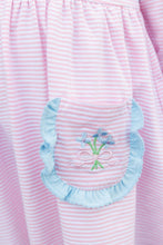 Load image into Gallery viewer, The Flower Bouquet Pant Set by Trotter Street Kids combines soft pink and white stripes with charming flower appliqués and light blue accents. Its cozy leggings and tunic with handy pockets create a delightful outfit that’s as playful as it is comfortable!
