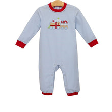 Load image into Gallery viewer, Celebrate the season with the Gingerbread Train Romper by Trotter Street Kids. This charming blue and white striped romper, accented with festive red details and a delightful gingerbread train appliqué, wraps your little one in cozy holiday spirit and timeless charm.
