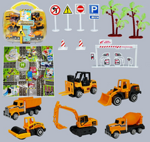 Load image into Gallery viewer, 15pc Construction Vehicle Playset. Includes Carry Case, 6 allow dicast Construction vehicles. playmat, 4 street signs, 2 street cones, 1 gas station, 2 trees. Great for on the go fun or to keep at Grandma's house!
