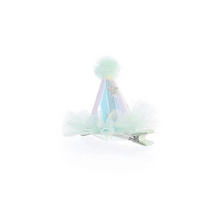 Load image into Gallery viewer, A starry tulle party hat to compliment any little one on her special day. It has an irridescent undertone with a tulle overlayer. The hat is topped with one single pom pom. Clip closure. One single alligator hair clip that is partially lined. H: 2 1/4 inches, Diameter: 1 1/2 inches
