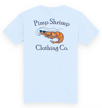 Load image into Gallery viewer, Introducing the Youth Chambray Short Sleeve Pocket T-Shirt from Boys Classic Pimp Shrimp Clothing Co! This stylish tee features a unique shrimp design on the back and a convenient pocket on the front. Perfect for all-day comfort and cool, casual style.
