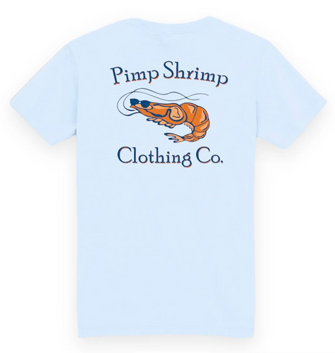 Introducing the Youth Chambray Short Sleeve Pocket T-Shirt from Boys Classic Pimp Shrimp Clothing Co! This stylish tee features a unique shrimp design on the back and a convenient pocket on the front. Perfect for all-day comfort and cool, casual style.