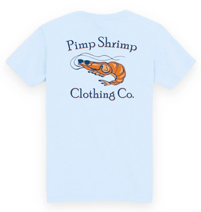Introducing the Youth Chambray Short Sleeve Pocket T-Shirt from Boys Classic Pimp Shrimp Clothing Co! This stylish tee features a unique shrimp design on the back and a convenient pocket on the front. Perfect for all-day comfort and cool, casual style.