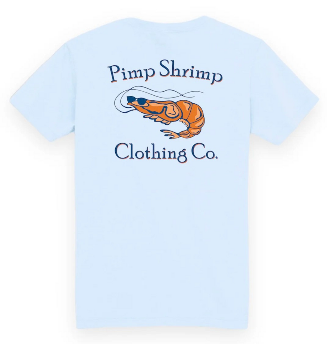 Introducing the Youth Chambray Short Sleeve Pocket T-Shirt from Boys Classic Pimp Shrimp Clothing Co! This stylish tee features a unique shrimp design on the back and a convenient pocket on the front. Perfect for all-day comfort and cool, casual style.