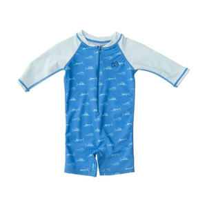 Our Lil Reef Baby Rashguard Swimsuit in Fish Print on Marina Blue is made of soft, itch free fabric that babies and Moms crave! Baby swimwear available in sizes 3 Month - 24 Month.

UPF 50+ 82% Nylon 18% Spandex
Machine Washable
Designed in the USA and Imported
PRODOH Signature "Get Back Here Loop"