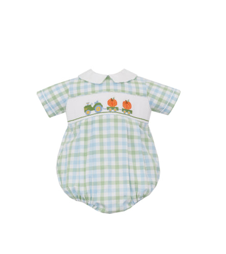 Dress your little one in charming fall style with the Boy's Pumpkin Short Sleeve Gingham Bubble by Anavini. This collared bubble features a classic green, white, and blue gingham pattern, enhanced by delightful smocked detailing with tractor and pumpkin embroidery. Perfect for cozy autumn days, this playful outfit combines comfort and seasonal charm to make every moment memorable.
