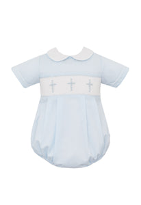 This classic and stylish Blue Batiste Cross Bubble from Anavini is perfect for your little one's Easter and other religious events. Made for infant boys, it features a light blue batiste material with a smocked and embroidered blue cross design and peter pan collar, making it both comfortable and appropriate for any occasion.
