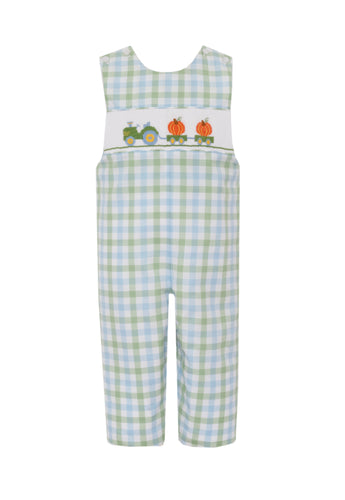 Dress your little one in charming fall style with the Boy's Pumpkin Gingham Long Jon Jon by Anavini. This Jon Jon features a classic green, white, and blue gingham pattern, enhanced by delightful smocked detailing with tractor and pumpkin embroidery. Perfect for cozy autumn days, this playful outfit combines comfort and seasonal charm to make every moment memorable.