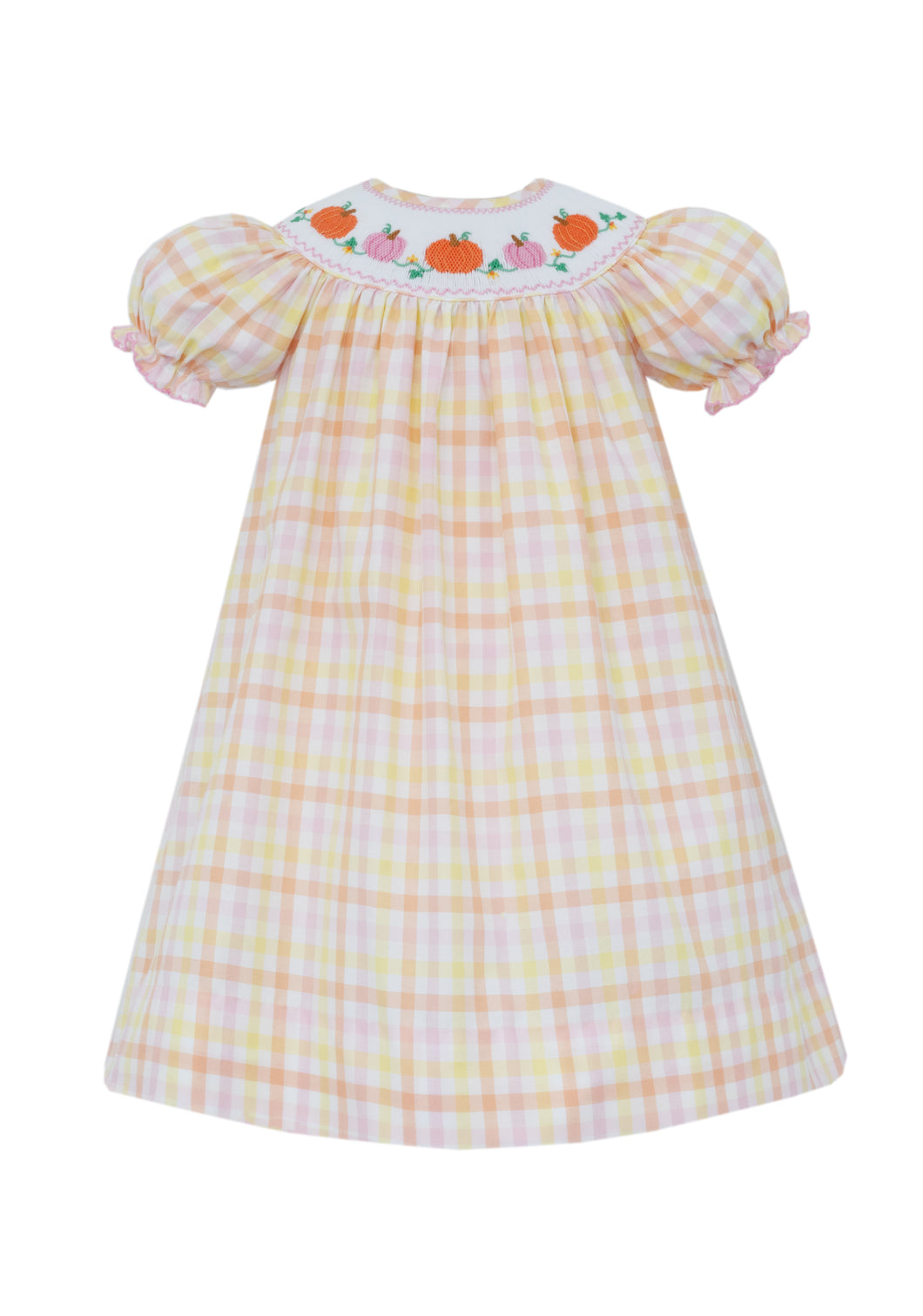Celebrate autumn charm with the Girl's Pumpkin Smocked Gingham Bishop Dress from Petit Bebe. This delightful dress showcases a delicate smocked neckline adorned with embroidered pumpkins, perfectly paired with a timeless gingham print. Its classic bishop sleeve design offers both elegance and comfort, making it ideal for festive occasions or everyday wear. 