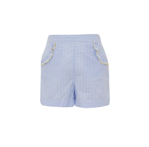 Add some&nbsp; charm to your little girl's wardrobe with our Girls Seersucker check shorts! The light blue and white check color and yellow moonstitch details perfectly complement the smocked daisy tee that pairs with the shorts. Available now from Anavini. Pair with the Girls Daisies Blue Smocked tee for the perfect outfit!