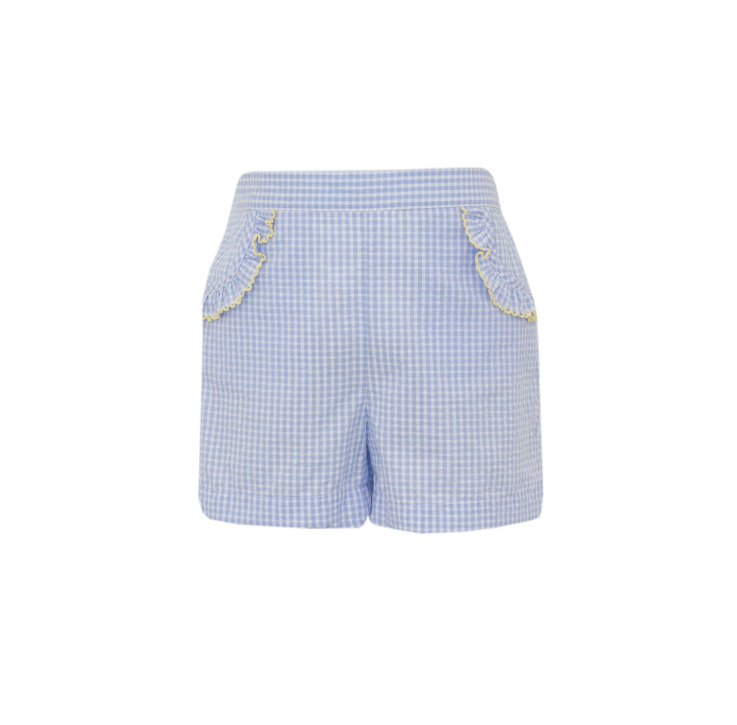 Add some  charm to your little girl's wardrobe with our Girls Seersucker check shorts! The light blue and white check color and yellow moonstitch details perfectly complement the smocked daisy tee that pairs with the shorts. Available now from Anavini. Pair with the Girls Daisies Blue Smocked tee for the perfect outfit!