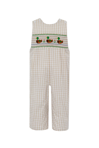 Dress your little one in timeless charm with this Boys Khaki Gingham Jon Jon from Anavini. Featuring a classic silhouette and a delicate smocked mallard duck embroidery, it blends traditional style with playful detail. Pair it with a peter pan long-sleeve shirt for cozy fall and winter days. Coordinating sibling dresses and tees make it easy to create adorable matching outfits for family moments. Perfect for special occasions or everyday elegance.