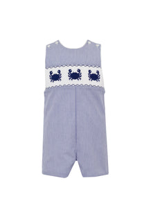 Dress your little one in style with our Toddler Boys Navy Stripe Crab Jon Jon from Anavini! Featuring a classic navy and white stripe, smocked bodice, and cute crab details, this Jon Jon is perfect for summer fun.&nbsp; Girls match available in a smocked dress!