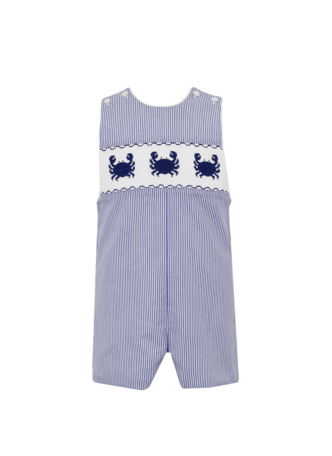 Dress your little one in style with our Toddler Boys Navy Stripe Crab Jon Jon from Anavini! Featuring a classic navy and white stripe, smocked bodice, and cute crab details, this Jon Jon is perfect for summer fun.  Girls match available in a smocked dress!