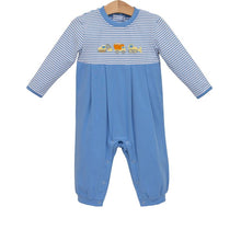 Load image into Gallery viewer, Dress your little builder in the Construction Trucks Romper by Trotter Street Kids! Soft, cozy fabric with charming truck appliqués and autumn-ready long sleeves and pants make it the perfect outfit to keep your baby boy comfortable and adorable all season long.
