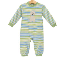Load image into Gallery viewer, The Boys Puppy Romper by Trotter Street Kids blends playful stripes with a charming puppy appliqué, perfect for infant boys’ school days or playdates. Soft, colorful, and comfortable, it keeps your little one ready for every adventure with joy and style!

