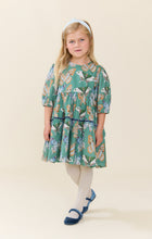 Load image into Gallery viewer, Pink Chicken’s Girls Maribelle Dress in Green Butterflies brings playful elegance to every twirl. The delicate butterfly print and navy velour ribbon trim create a charming look that delights and inspires confidence in every step. Perfect for joyful moments and unforgettable memories!

