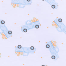 Load image into Gallery viewer, Made from 100% soft pima cotton, these Boys Pumpkin Patch Truck Long Pajamas from Magnolia Baby offer cozy comfort for a restful night. Featuring a charming blue truck carrying pumpkins on a crisp white background, this classic long sleeve set combines playful style with breathable fabric, perfect for your little one’s bedtime or lounging around the house.
