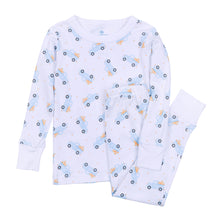 Load image into Gallery viewer, Made from 100% soft pima cotton, these Boys Pumpkin Patch Truck Long Pajamas from Magnolia Baby offer cozy comfort for a restful night. Featuring a charming blue truck carrying pumpkins on a crisp white background, this classic long sleeve set combines playful style with breathable fabric, perfect for your little one’s bedtime or lounging around the house.
