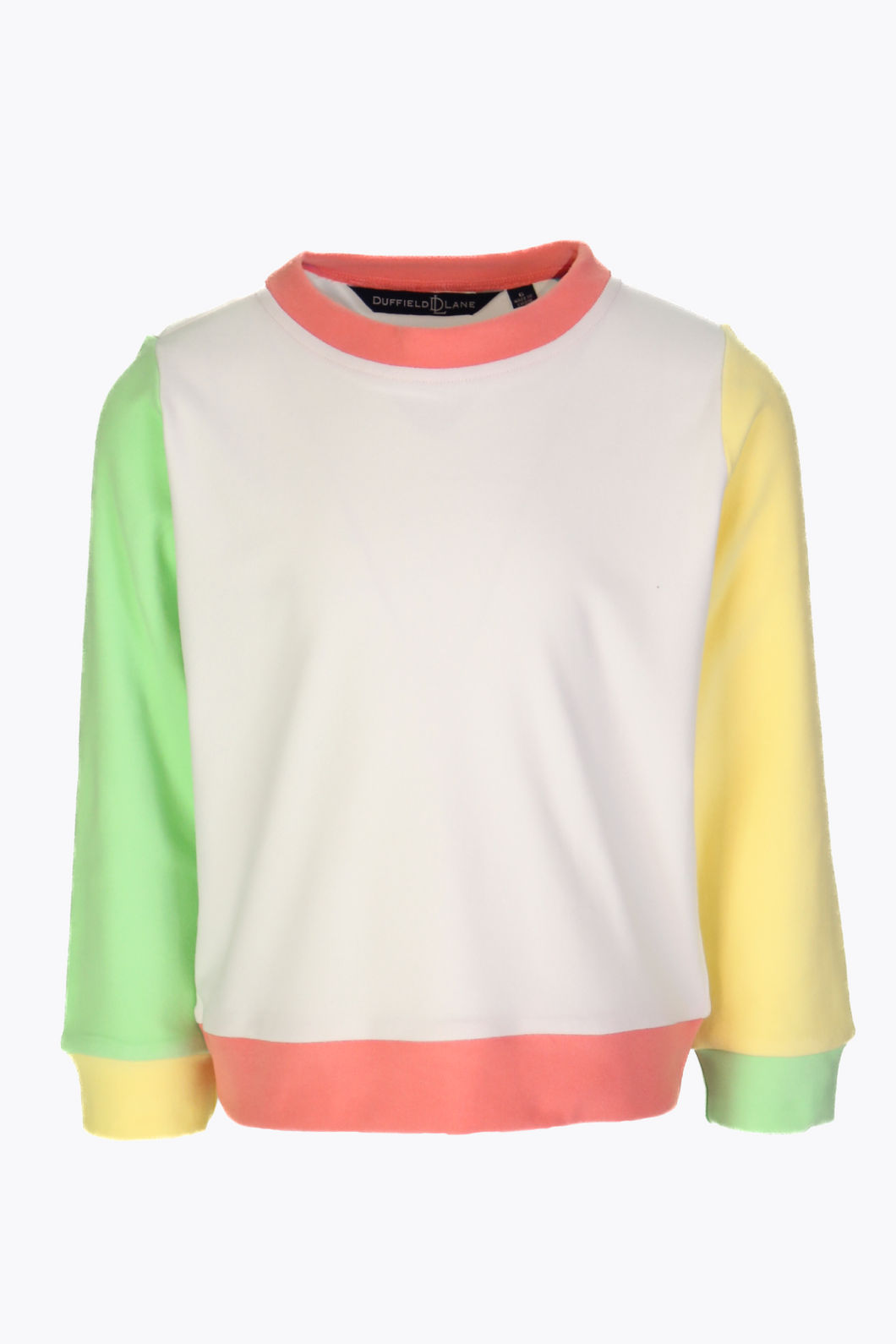 The Girls Colorblock Crewneck Sweatshirt from Duffield Lane is made with super soft fabric, perfect for keeping your little one cozy and comfortable. With a stylish pastel colorblock design, this sweatshirt is a must-have for any fashionable girl's wardrobe. Stay warm in style with Duffield Lane's renowned quality