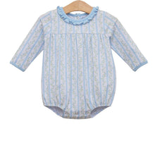 Load image into Gallery viewer, Wrap your little girl in the joyful charm of the Vineyard Blooms Bubble by Trotter Street Kids. The soft blue and green floral print blends sweetness with style, while the cozy long sleeves keep her comfortable on crisp fall days.
