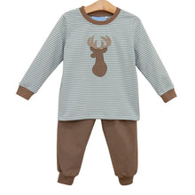 Load image into Gallery viewer, Dress your little explorer in the Deer Pant Set by Trotter Street Kids—a cozy striped tee with an adorable deer appliqué, matched with warm brown pants. Perfect for crisp autumn days, it brings comfort and charm to every outdoor adventure!
