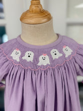 Load image into Gallery viewer, Celebrate Halloween in style with the Spooky Ghosts Bishop Dress by Cape Point Clothing Co.! Its soft purple corduroy and charming ghost smocking bring festive fun to your toddler’s wardrobe, while pink ric rac and ruffle sleeves add playful sweetness. Ready for every magical Halloween moment!

 

