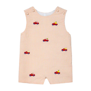 Get ready for summer adventures with our Infant Boys Ashton Fruit Seersucker Shortall from Zuccini Kids! Made with soft orange and white seersucker material, it features charming embroidered trucks carrying fruit. Your little one will look absolutely adorable and stay cool in this perfect summer outing outfit!