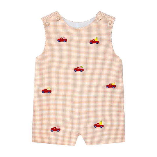Get ready for summer adventures with our Infant Boys Ashton Fruit Seersucker Shortall from Zuccini Kids! Made with soft orange and white seersucker material, it features charming embroidered trucks carrying fruit. Your little one will look absolutely adorable and stay cool in this perfect summer outing outfit!