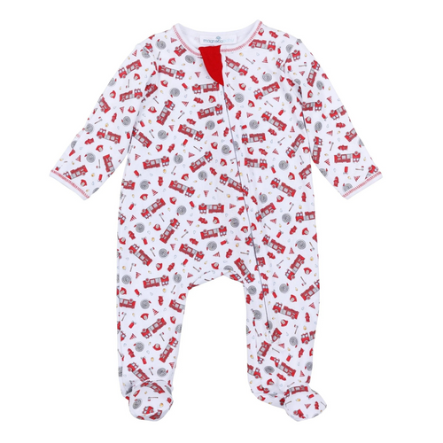 The To the Rescue Print Zip Footie combines comfort and convenience with a heroic firefighter theme. Made from 100% Pima Cotton, it offers a soft, breathable feel ideal for delicate skin. The vibrant fire truck print adds playful charm, while the two-way zipper makes diaper changes quick and hassle-free. Perfect for keeping your little one cozy and ready for adventure.