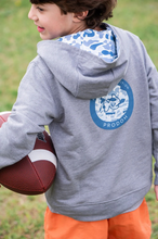 Load image into Gallery viewer, Our Boys Spinnerbait Sweatshirt in Night Owl Heather Gray with Blue Camo Liner and PRODOH Logo is Game-day ready and mom approved! The Heather Gray Hoodie is a sporty staple with a bold blue camo-lined hood and custom PRODOH back graphic. It&#39;s the one he&#39;ll grab after practice, for weekend hikes, or just chillin&#39; with friends.
