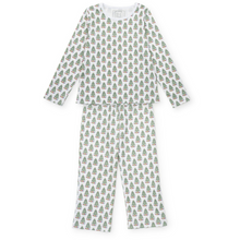 Load image into Gallery viewer, Dress your little one in holiday cheer with the Millie Girls&#39; Lounge Pant Set from Lila &amp; Hayes. Crafted from soft, breathable pima cotton, this long-sleeved top and pant set features a charming Christmas Tree print that’s perfect for festive mornings. Delicate white piping around the neckline adds a touch of refinement, while the elastic waistband ensures a comfortable fit all day long. Ideal for cozy winter days, this set combines playful style with all-day comfort for your joyful holiday moments.
