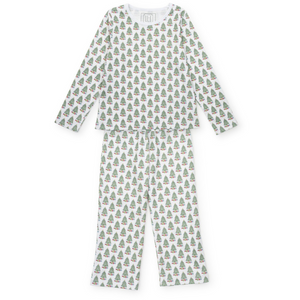 Dress your little one in holiday cheer with the Millie Girls' Lounge Pant Set from Lila &amp; Hayes. Crafted from soft, breathable pima cotton, this long-sleeved top and pant set features a charming Christmas Tree print that’s perfect for festive mornings. Delicate white piping around the neckline adds a touch of refinement, while the elastic waistband ensures a comfortable fit all day long. Ideal for cozy winter days, this set combines playful style with all-day comfort for your joyful holiday moments.