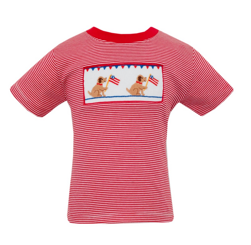 Get your little patriot ready for any occasion with the Patriotic Puppy Short Set by Anavini! This darling set features a red striped top with a cute patriotic puppy smocking, paired with solid red shorts. Perfect for showing off their love for their country and their style.