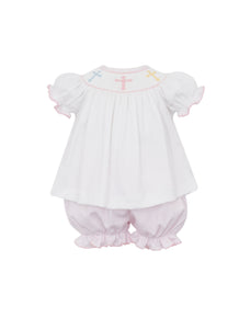 Dress your little one in this Petit Bebe Cross Embroidered Bishop Bloomer Set. Made with 100% soft cotton, this classic outfit is perfect for Easter or any religious occasion. The smocked detail and embroidered crosses add a touch of elegance to the soft pink and white striped bloomers.