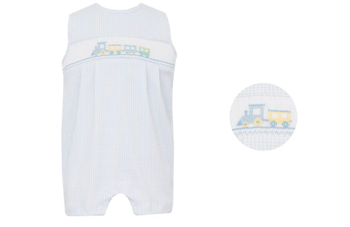 Introduce your little one to the world of trains with our Boy's Blue Gingham Train Knit Jon Jon from Petit Bebe. Made from soft knit fabric, this Jon Jon is perfect for infant boys and features adorable train smocking. Give your baby comfort and style at the same time.