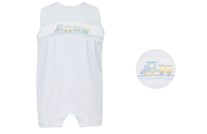 Introduce your little one to the world of trains with our Boy's Blue Gingham Train Knit Jon Jon from Petit Bebe. Made from soft knit fabric, this Jon Jon is perfect for infant boys and features adorable train smocking. Give your baby comfort and style at the same time.