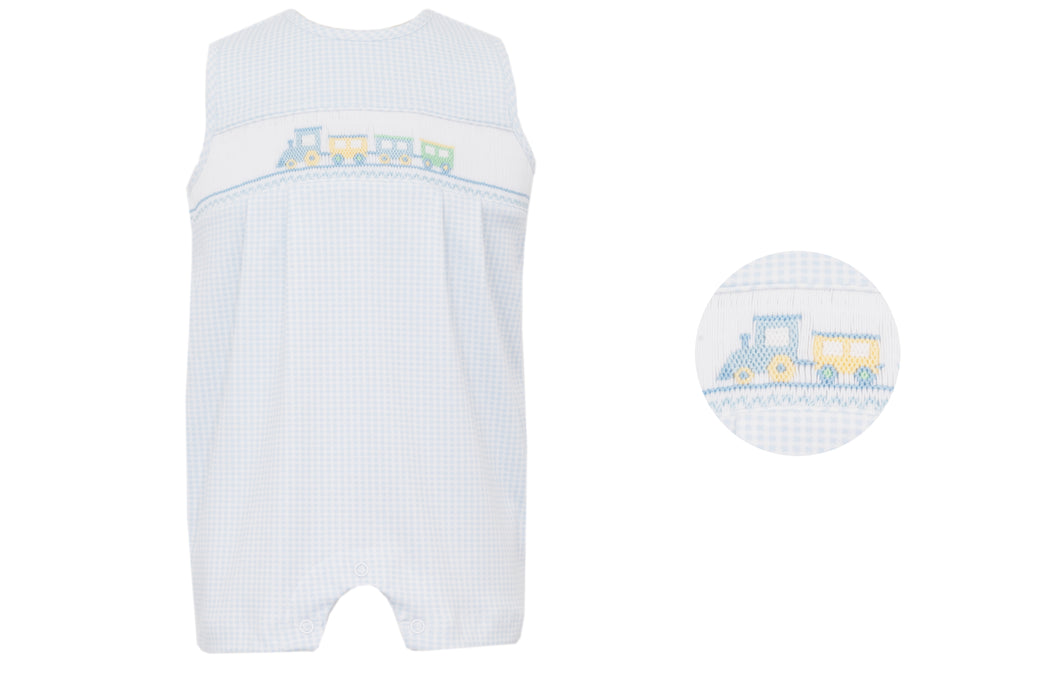 Introduce your little one to the world of trains with our Boy's Blue Gingham Train Knit Jon Jon from Petit Bebe. Made from soft knit fabric, this Jon Jon is perfect for infant boys and features adorable train smocking. Give your baby comfort and style at the same time.