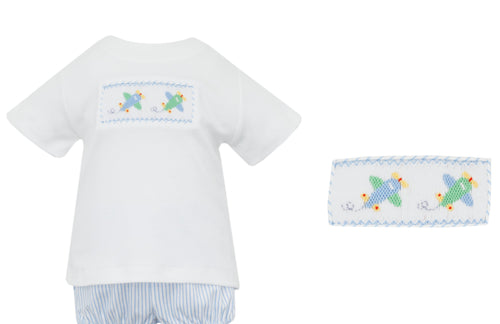Introducing our soft and stylish Toddler Boys Airplane Stripe Knit Shorts Set from Petit Bebe. Made with high-quality material, this tee and shorts set features a charming smocked and embroidered airplane design and coordinating striped shorts. Perfect for any little one with a love for airplanes. Matching big brother shorts set also available!