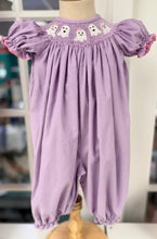 Load image into Gallery viewer, Wrap your little one in Cape Point Clothing Co.’s Spooky Ghosts Girl Long Bubble—a cozy purple corduroy delight bursting with playful ghost smocking and pink ric rac accents. This charming, long bubble design brings festive fun and comfort to every tiny adventure!

 
