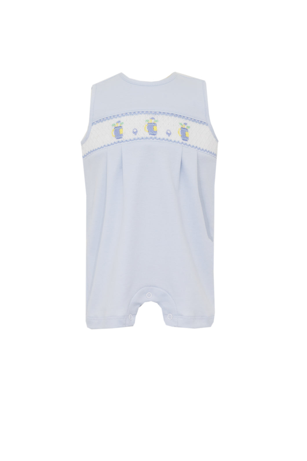 Your little one will look adorable on the green in our Infant Boys Smocked Knit Golf Jon Jon from Petit Bebe! Made from soft, light blue knit material, this outfit features a charming smocked bodice with embroidered golf bags. Perfect for a day at the club, this outfit is sure to make a statement! Matching brother shorts set available. 