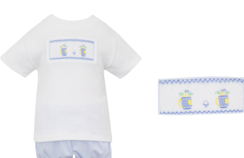 Your little one will look adorable on the green in our Toddler Boys Golf Smocked Short Set from Petit Bebe! Made from soft, light blue knit material, this outfit features a charming smocked embroidered golf bags design on the white tee and coordinating light blue cotton shorts. Perfect for a day at the club, this outfit is sure to make a statement! Matching brother Jon Jon available. 